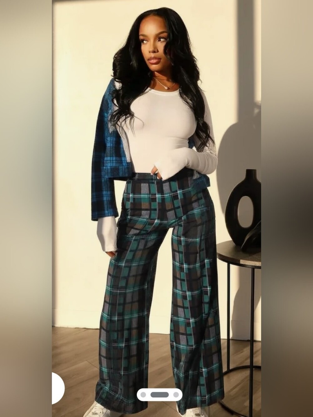 Zara Teal & Black Plaid High-Waist Wide-Leg Pants
